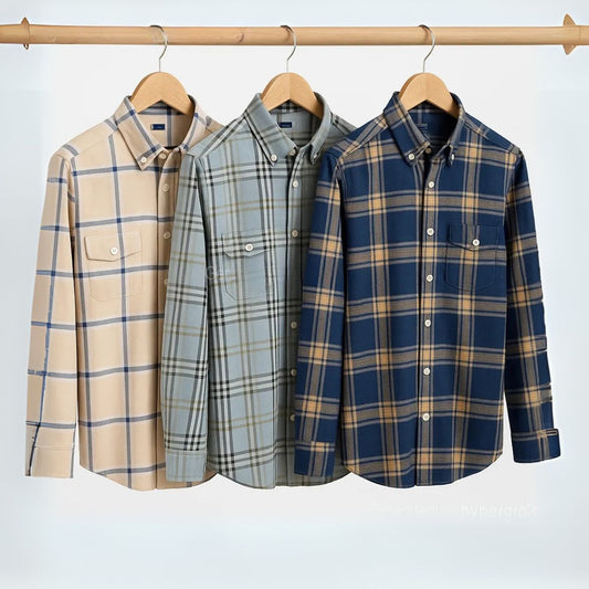 CombrixMen™ 3-Pack Premium Classic Check Shirts – High-Quality Cotton Blend Casual & Office Wear