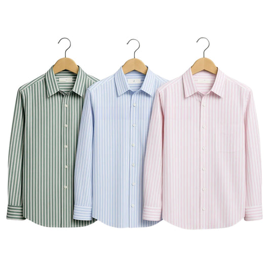 CombrixMen™ 3-Pack Striped & Check Formal Shirts | Premium Cotton Office Wear for Men