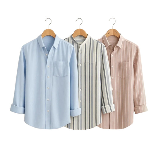CombrixMen™ 3-Pack Striped & Check Formal Shirts | Premium Cotton Office Wear for Men